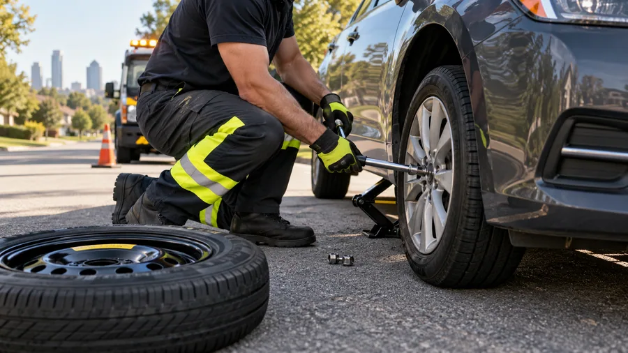Roadside technician changing a flat tire